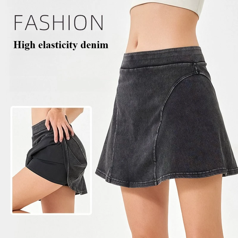 

​ ​ Джинсовая юбка для йоги с высокой талией, женские встроенные шорты, юбка для бега в тренажерном зале, эластичные шорты для подтягивания ягодиц с карманами ​ ​