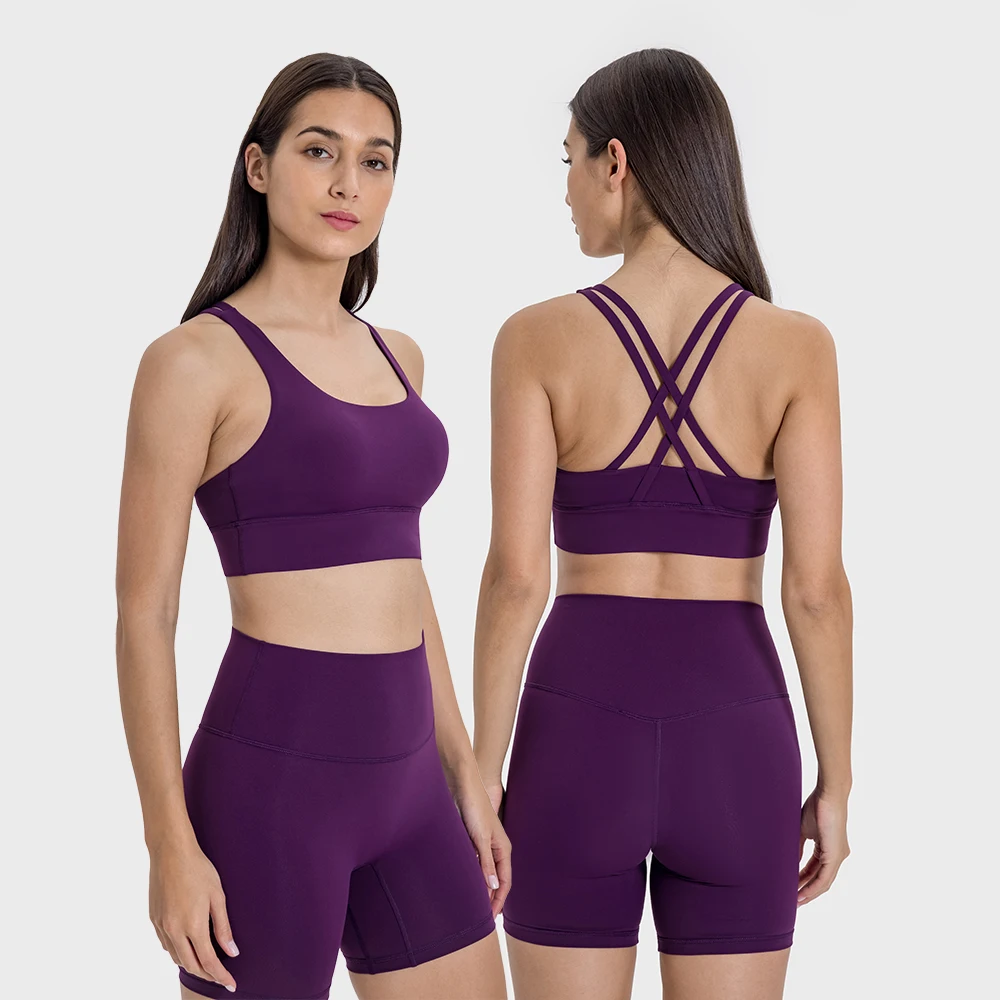 Stretch Nylon Gym Set Women 2 Piece Outfit Push-Up Sports Bra High Waist Yoga Shorts Sets Summer Sportswear Workout Clothing