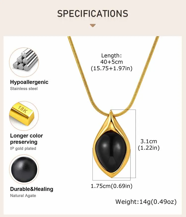 Natürliche schwarze Onyx-Halskette für Damen, 18K vergoldete Edelstahl-Tropfen-Edelstein-Anhänger-Halskette, Jubiläumsschmuck – Detail 2