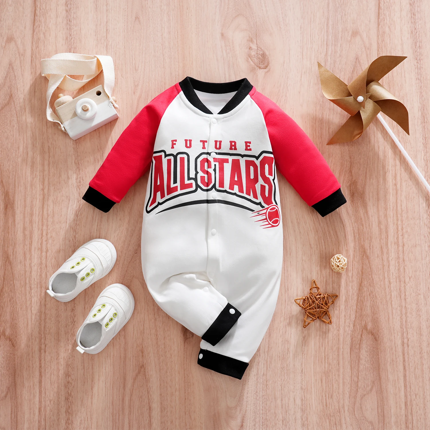 

One-piece baby spring/autumn sports-style baseball shirt Full-moon baby clothes Long-sleeved shirt 0-3 years old outdoor clothin