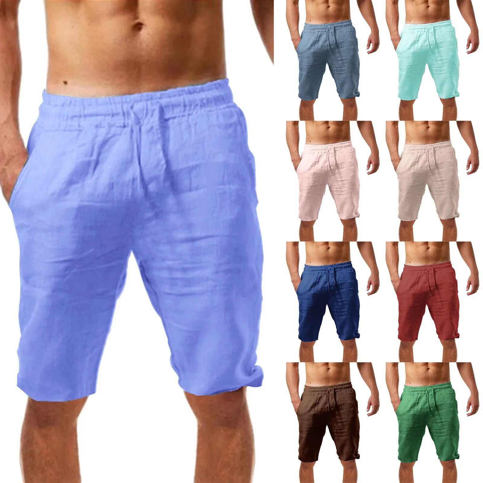 2024 Men's Cotton Linen Pants Breathable Casual Fitness Fashion Solid Color Short Drawstring Beach Sports Elastic Waist Trousers