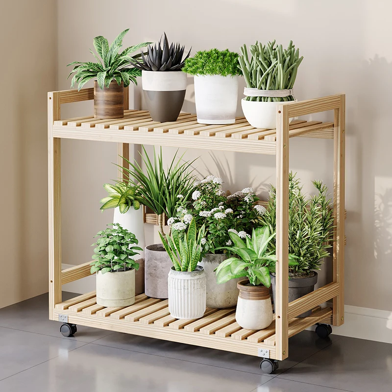 Modern Wooden Tiered Plant Stand with Wheels Multi-Level Flower Shelf for Balcony Space Saving Garden Display Rack Organizer