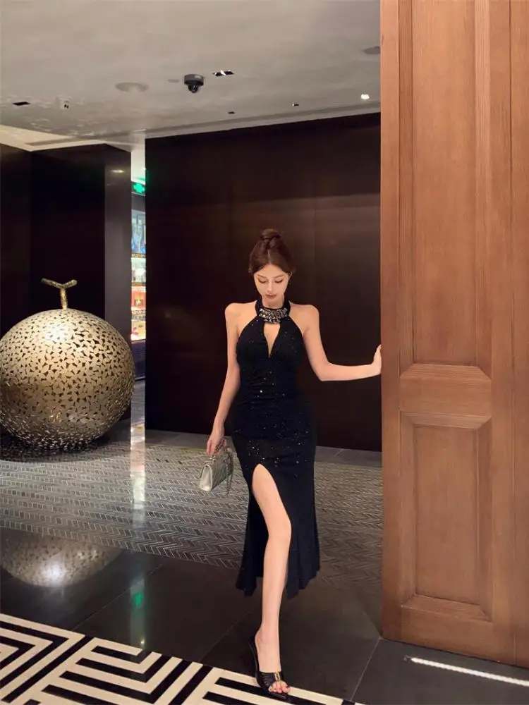 

French Retro Women Black Diamond Elegant Sleeveless Off Shoulder Halter Long Dress Summer Sexy Split Party Evening Dresses Trend