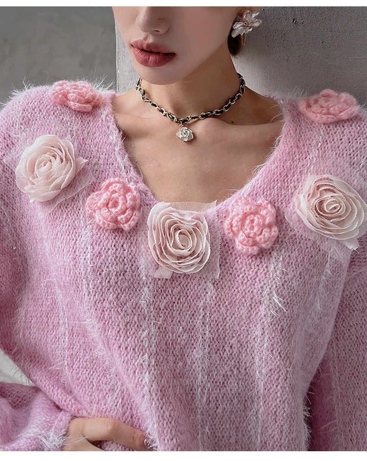 الفرنسية أنيقة نمط الخامس الرقبة ثلاثية الأبعاد زهرة الدانتيل متابعة كم طويل الحلو تنوعا محبوك سترة بلوزة كاجوال بلايز للنساء الخريف