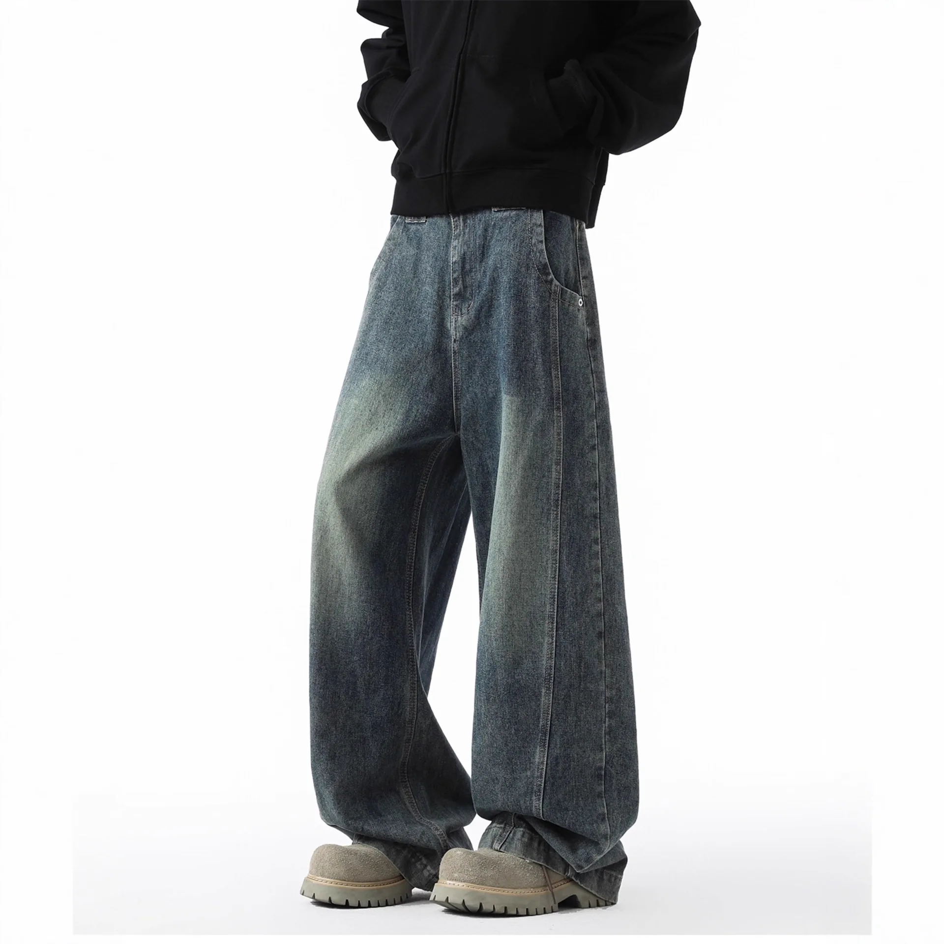 

Винтажные мужские мешковатые джинсовые брюки, новинка 2026, уличная одежда, широкие свободные джинсовые брюки, модные потертые прямые брюки 889C1