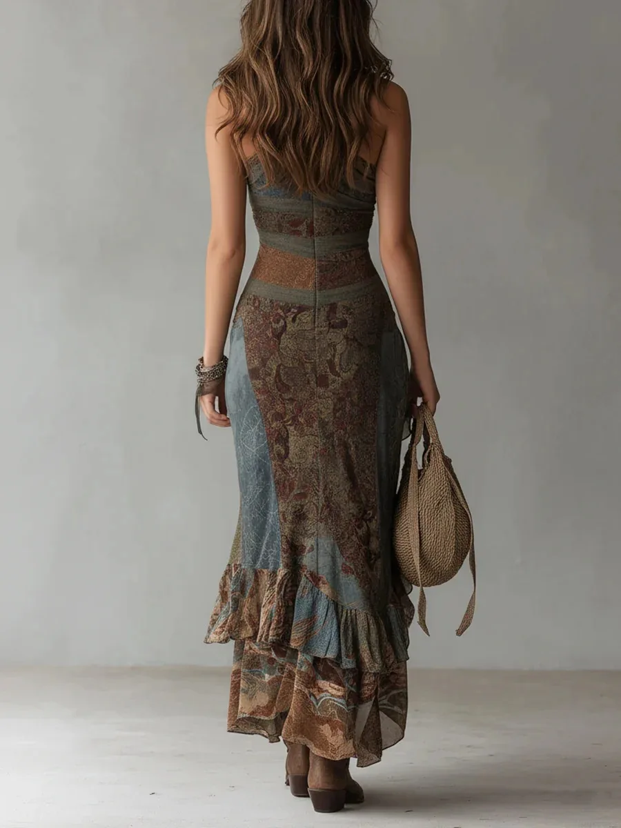 Damen Maxikleid mit One-Shoulder-Design, dunklem Print, Boho-Rüschen, hohem Schlitz, figurbetont, langes Kleid, Vintage-Party-Abend-Urlaubs-Outfit – Detail 11