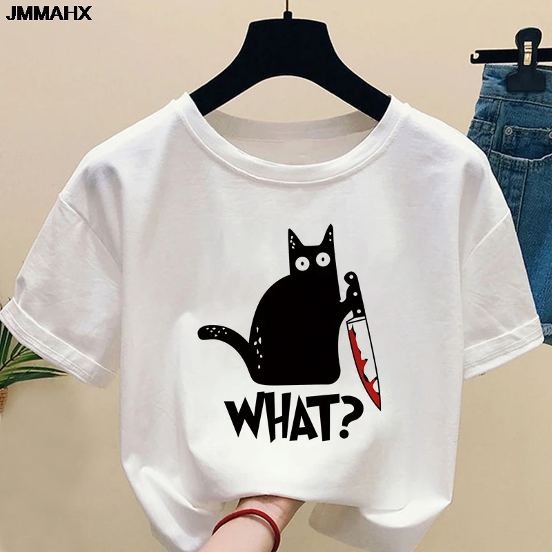 T-shirt da donna con stampa gatto divertente T-shirt Harajuku casual traspirante girocollo manica corta T-shirt bianca alla moda