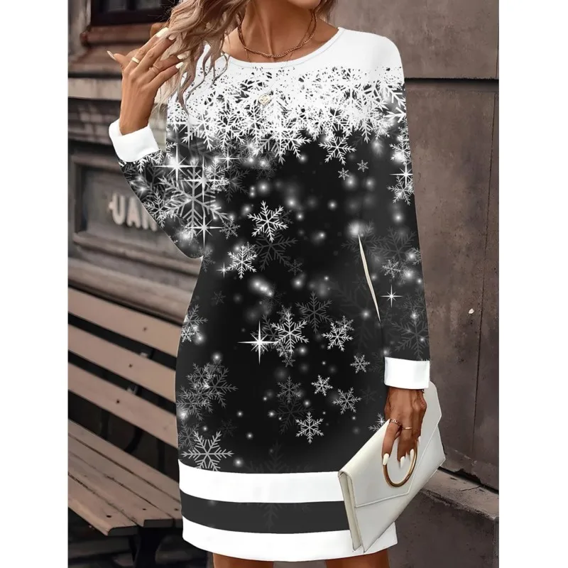 Novo 2025 feminino vestido de festa de natal bonito engraçado x-mas boneco de neve floco de neve 3d impresso vestido de inverno manga longa o-pescoço vestido casual