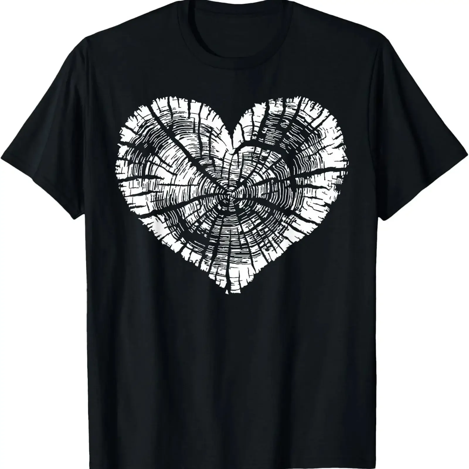 Baumstamm-Herz-Ringe Holzmaserung Naturliebhaber T-Shirt Vintage Gewaschen Dehnbar Herren Grafik Mode Weich Stilvoll