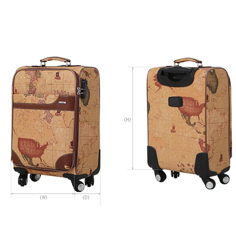 Vintage Map Suitcase Boarding Rolling Luggage Set Travel Bags Password Trolley Case 20