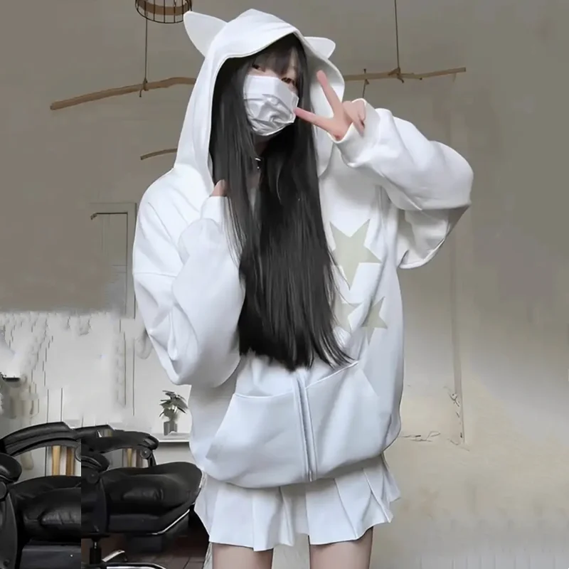 Autumn Kawaii Hoodies Women Cat Ears Hooded Sweatshirts Young Girls Y2K Plush Angel Wing Zip-Up Hoody Halloween Party Clothes