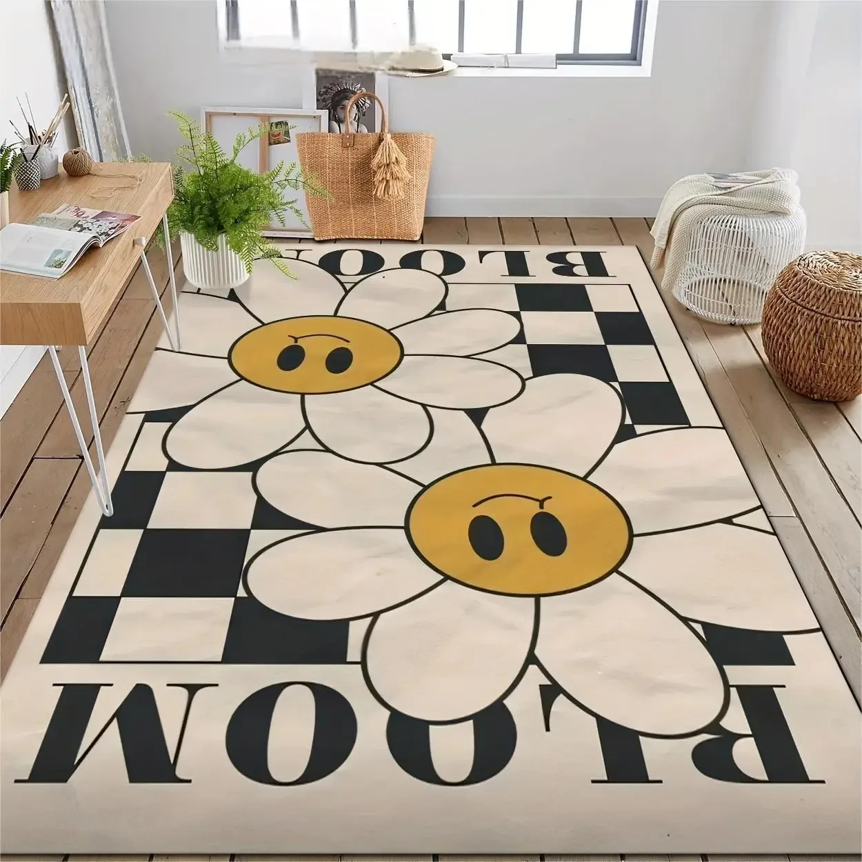 Exquisite Cartoon Daisy Flower Carpet Mat Rug Letter Print Home Decoration for Living Room Playful Checkerboard Design Floor Mat