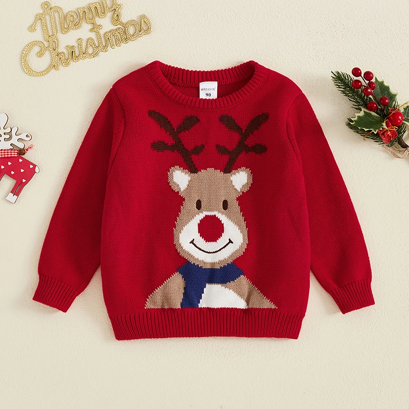 Toddler Boy Girl Knit Sweater Christmas Outfit Ugly Christmas Sweater Deer Print Crewneck Sweatshirt Warm Winter Clothes