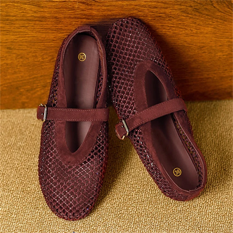 

Bling Crystal Flats Heels Buckle Strap Women's Shoes Designer Hollow Out Round Toe Lightweight Dancing Ballet Mary Jane Sandals