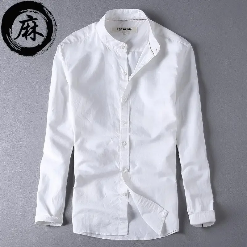 Mens Shirts Long Sleeve Cotton Linen Mandarin Collar Casual Shirt Male Dress Shirts Slim Fit  Shirt Men Chemise Homme TS-225