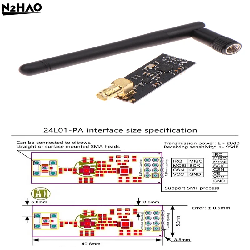 1pc 3-3.6V NRF24L01+PA+LNA Wireless Module With Antenna 1000 Meters Long Distance FZ0410 -20-70 degree
