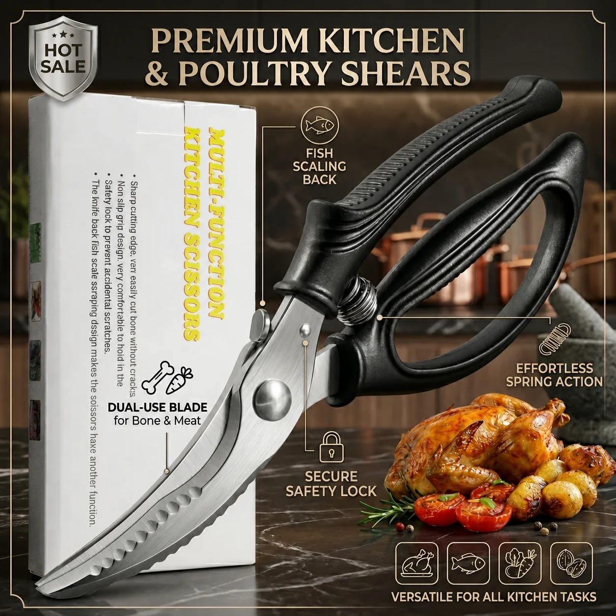 Stainless Steel Chicken Bone Scissors Sharp Heavy Duty Poultry Shears Multi Function Kitchen Tool For Cutting Meat Fish Bones