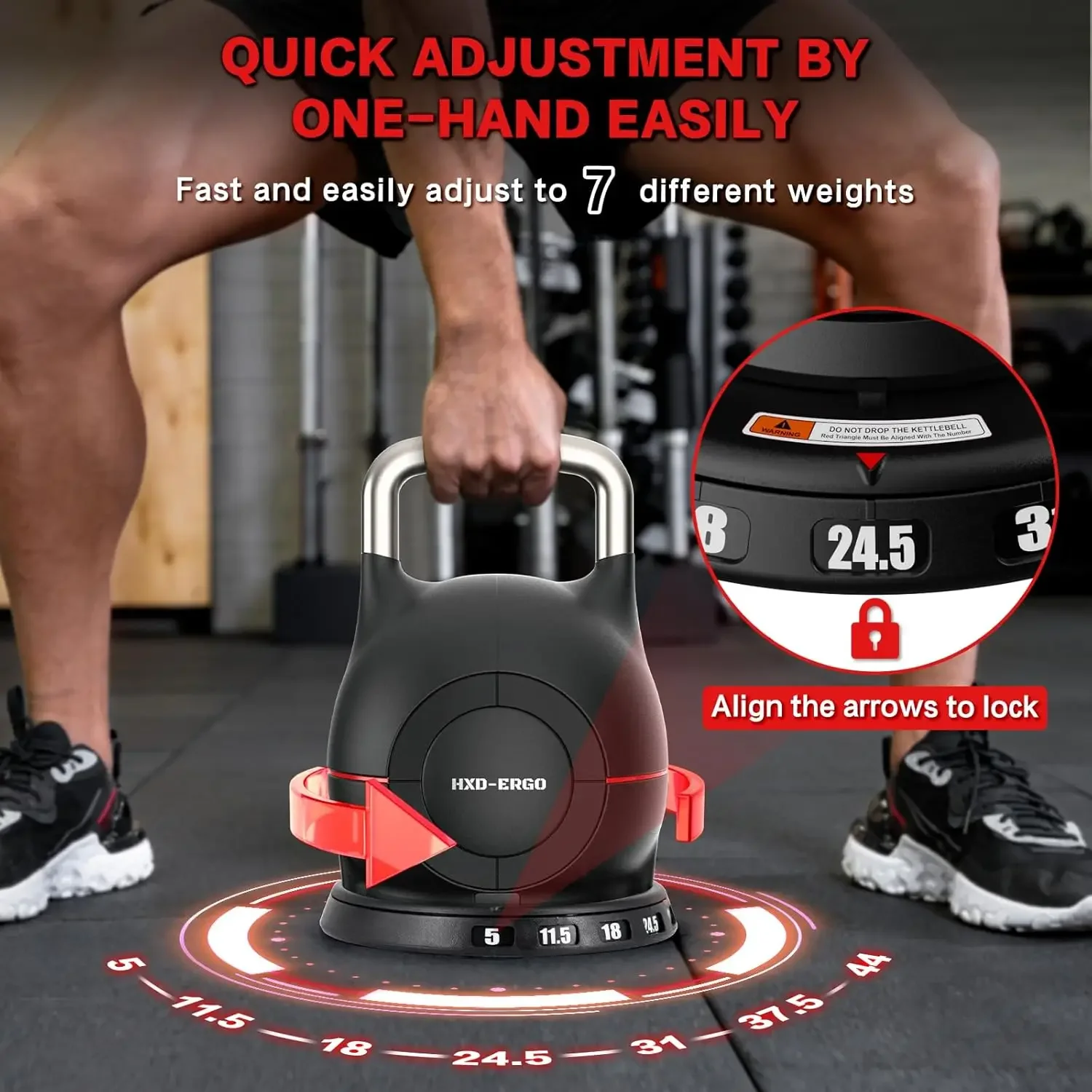 Kettlebell Weight Set-Quickly Adjusts 7 Weights(5lb-44lb), Ergonomic kettlebell sets for Home Gym