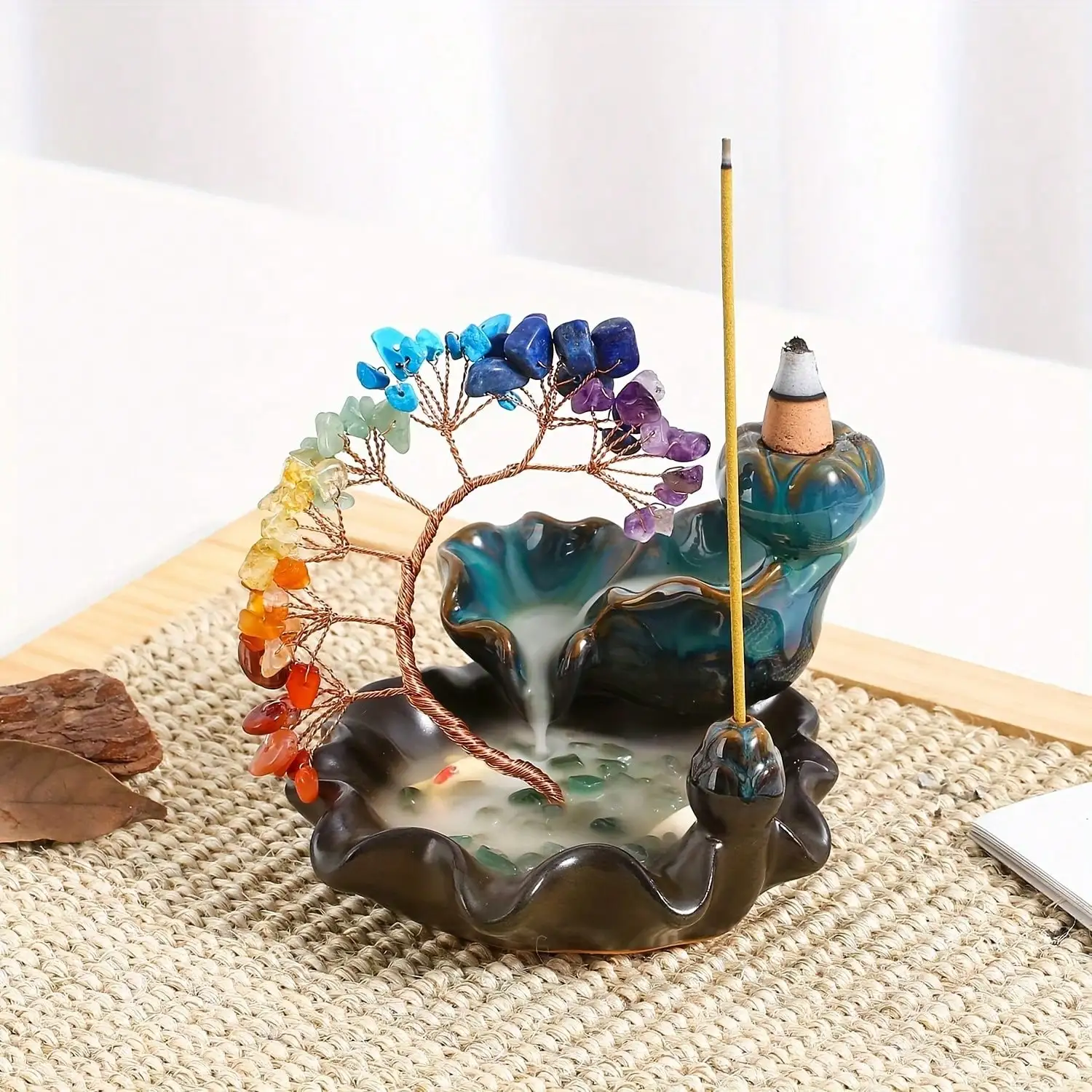 1pc Natural Crystal Seven Chakra Gravels a ceramic 7 flowing backflow cones featuring Phoenix Tail Lucky Tree Healing Gemstone O