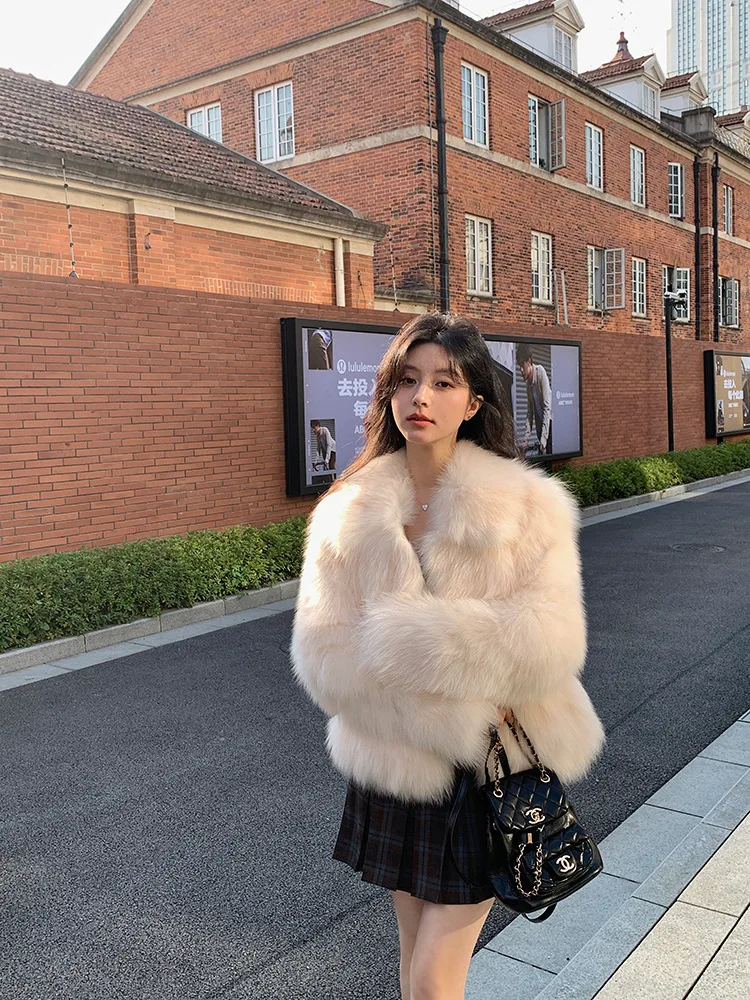 Women Faux Fox Fur Coats Solid Short Jackets Long Sleeves Turn Down Collar Open Stitch Loose Elegant Casual 2026 Autumn Winter