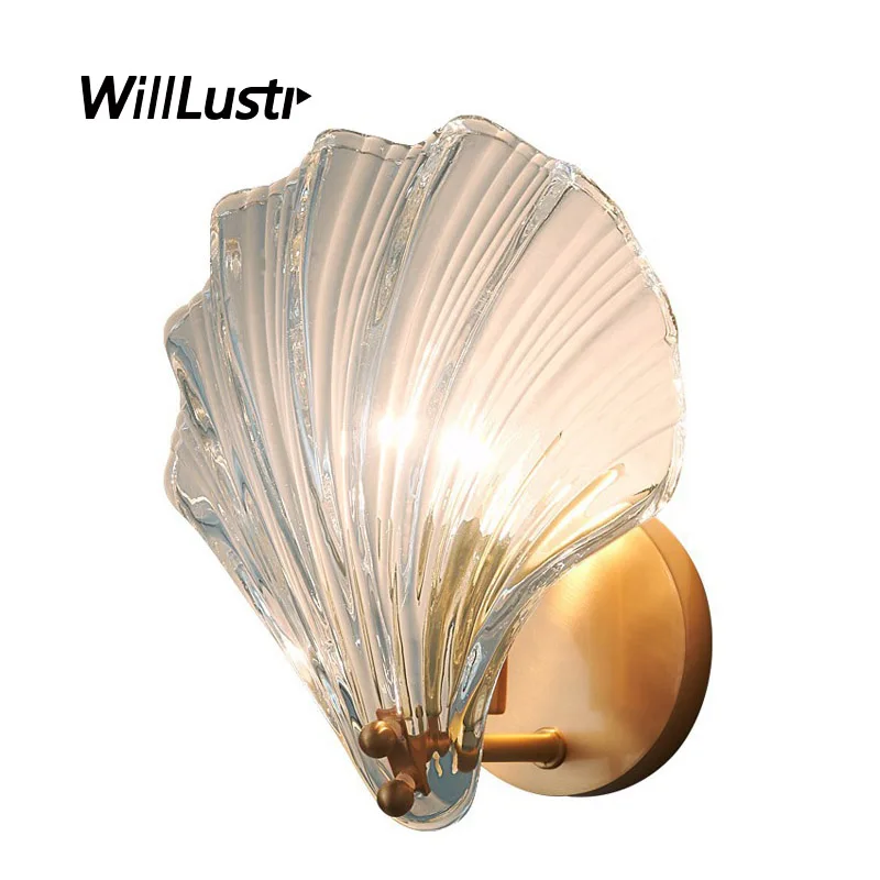 

Creative Glass Shell Wall Lamp Copper Metal Sconce Light Luxury Bedside Bar Hotel Cafe Corridor Porch Amber Clear Lighting