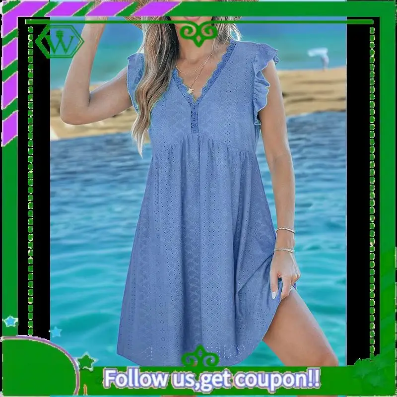 A18P-Vestido feminino de verão, manga plissada, decote em V, vestidos midi, moda casual, ajuste fluido, em camadas, boho, praia, férias, vestido de verão