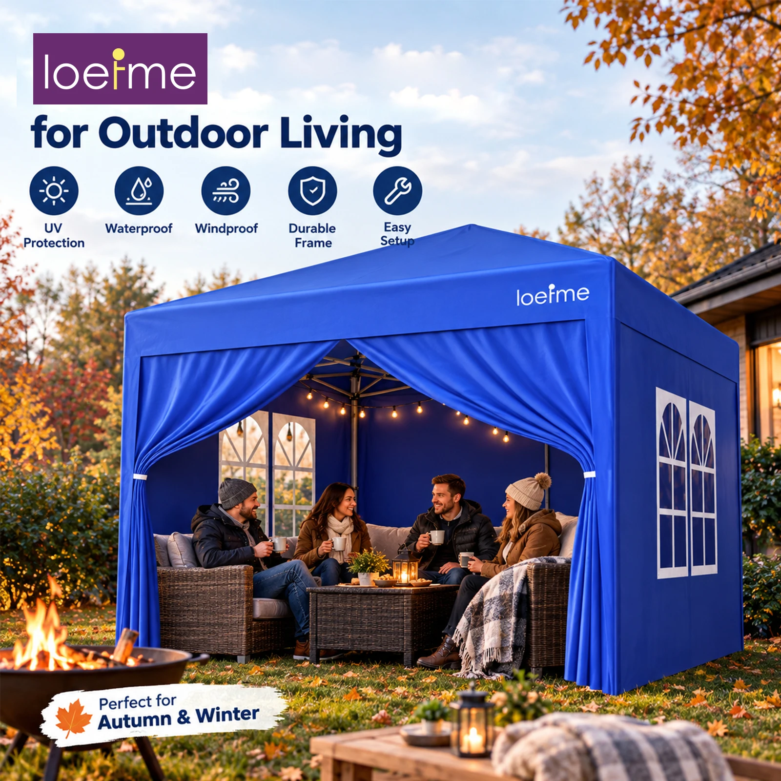 LOEFME, tenda a baldacchino pieghevole 2,5x2,5 m, gazebo da esterno impermeabile con 4 pareti laterali rimovibili, riparo da giardino portatile per campeggio, barbecue, patio e mercati.