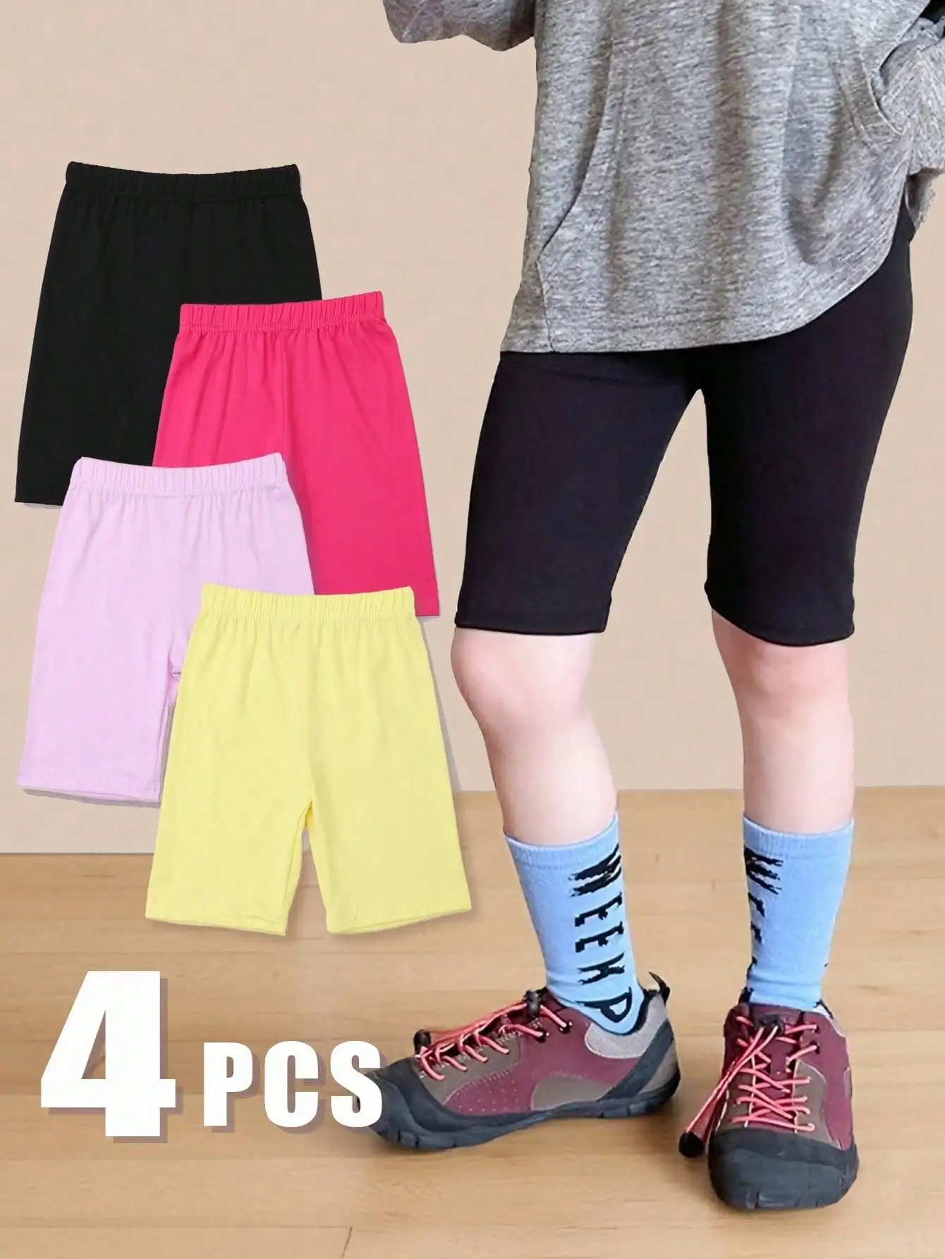 Kids 4Pcs 5-Point Biker Shorts Casual Solid Color Elastic Waist Anti-Glare Sports Base Layer Shorts for Boys Girls 4-11 Years