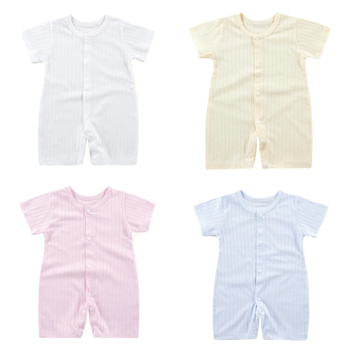 

Baby Solid Color Ribbed Short Sleeve Romper, Newborn Infant Cotton Buttoned Onesie, Multi-Color Baby Jumpsuit for Summer