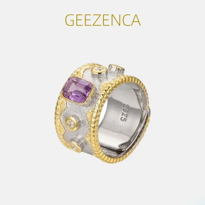 

GEEZENCA Natural Amethyst 925 Silver Two Tone Chunky Rings Luxury Cocktail Ring Clearance Limited Stock First Come First Get