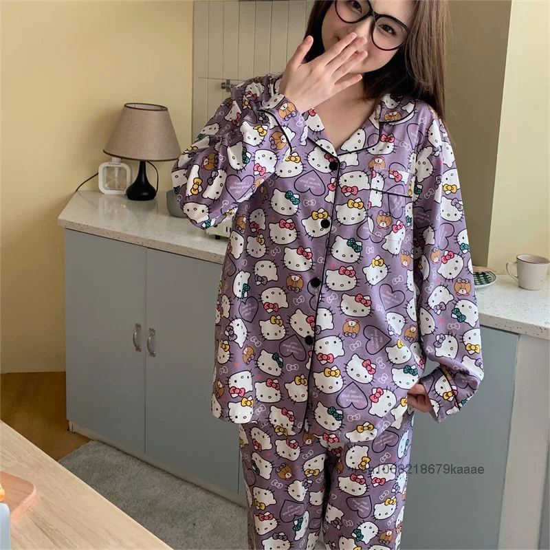 Sanrio Hello Kitty Japanese Style Long Sleeved Sleepwear Cute Cartoon Printed Home Clothes Women\'s Spring Autumn Pure Cotton Set