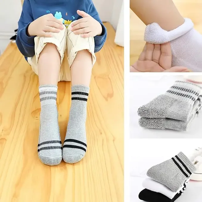 100% Cotton Athletic Ankle Socks for Boys & Girls Terry-Loop Cushion Warm Socks Combed Cotton for Autumn Winter Children's Footw