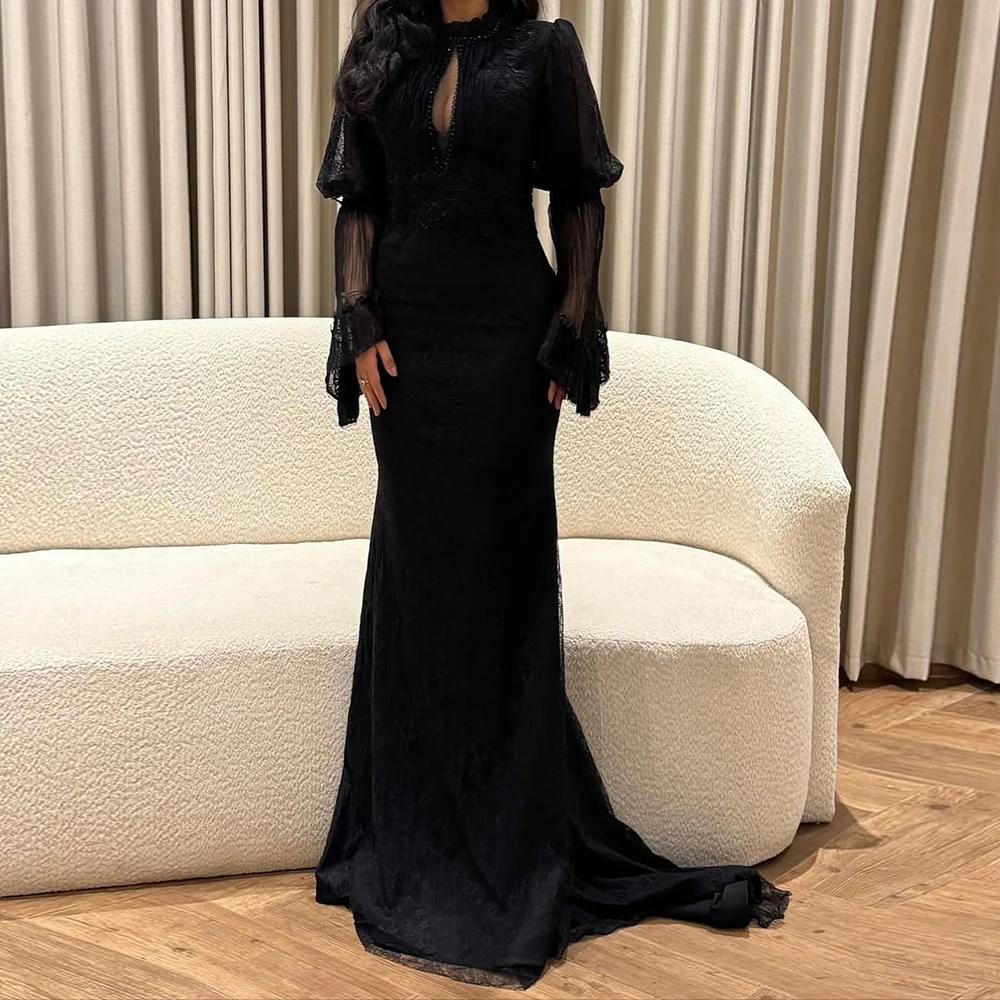 

Customized Mermaid Evening Dresses Floor-length High-neck Full Sleeve Prom Gown Fashion Lace Simple Draped Casual Party Gown