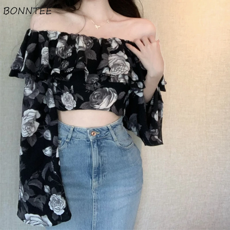 

Women Blouse Floral Vintage Chic Slash Neck French Style Cropped Off-shoulder Temperament Long Sleeve Tops Popular Spring Summer
