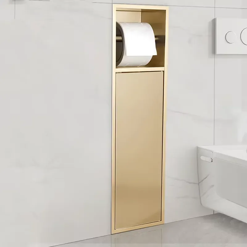 304 Stainless Steel Recessed Toilet Paper Holder with Brush Gold Finish Bathroom Niche Wall Mounted Storage Rack for Modern