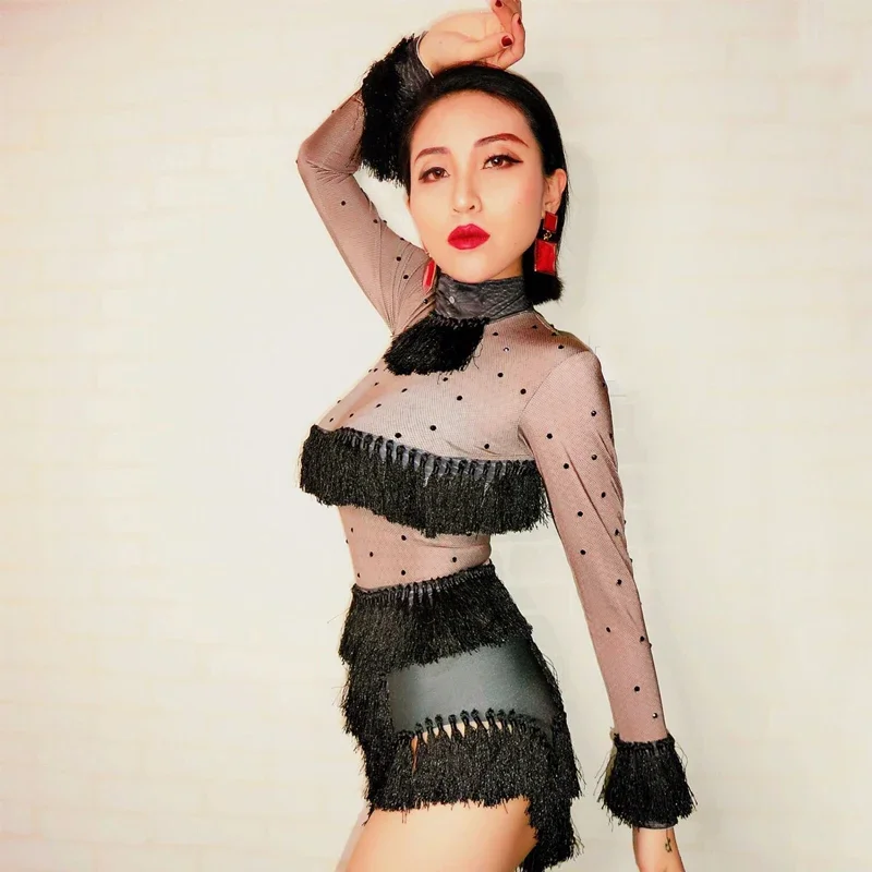 Black Rhinestones Fringed Bodysuit Women Jazz Dance Clothing Nightclub Dj Ds Stage Gogo Dance Costumes Festival Outfit XS6704