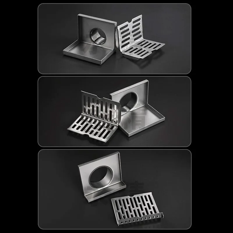 

Слив для пола в ванной комнате, угловая дренажная система, конструкция из нержавеющей стали 304, современный декор для ванной комнаты для труб из ПВХ 50 мм