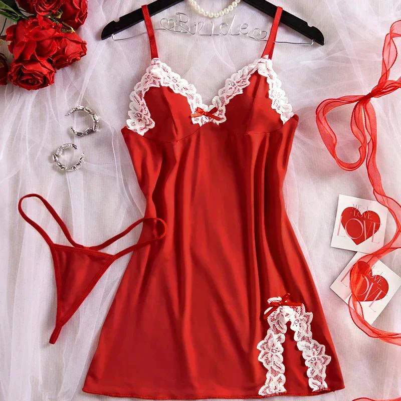 

Женская ночная рубашка с глубоким V-образным вырезом, сексуальное кружевное нижнее белье с бантом, платье для взрослых, пижама, комплект нижнего белья, одежда