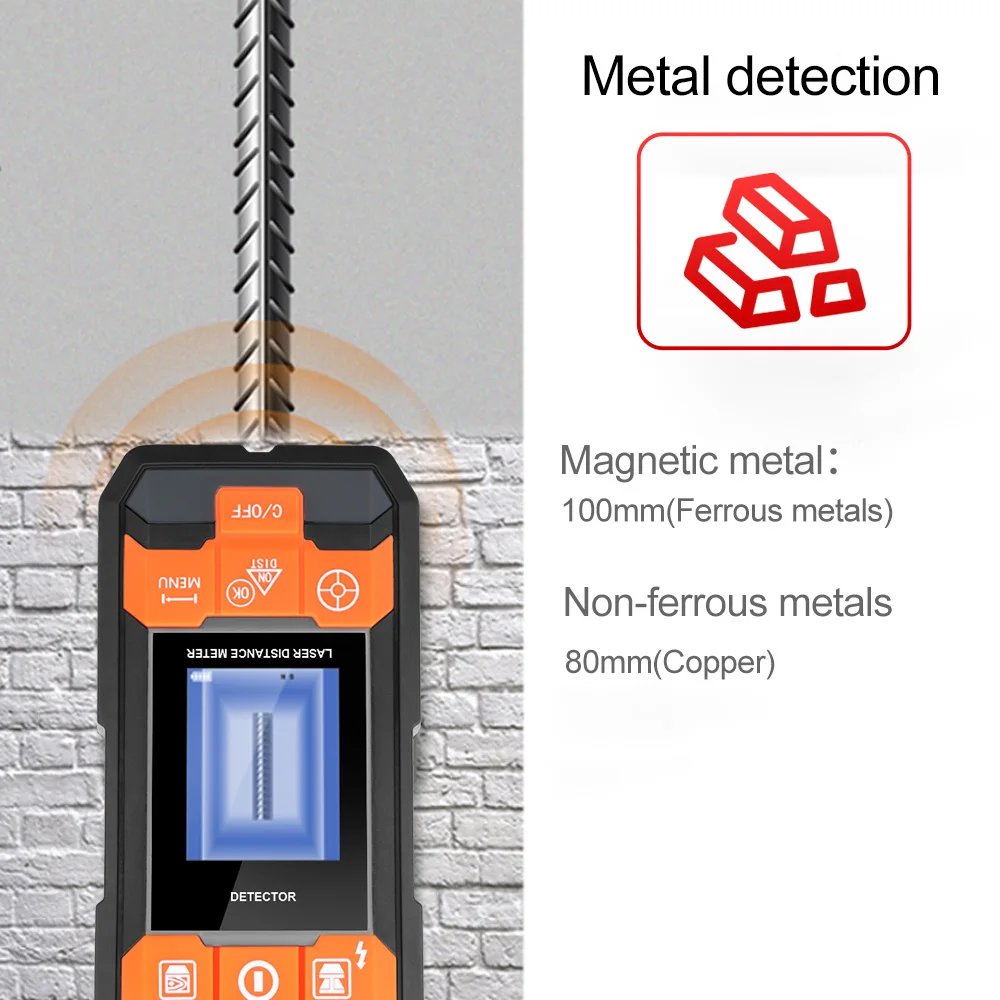 Imagem -03 - Gvda Detector de Metais Laser Medidor de Distância Rangefinder Scanner Parede Cobre ac Fiação Localizador Madeira Fios Profundidade Rastreador Fita Medida