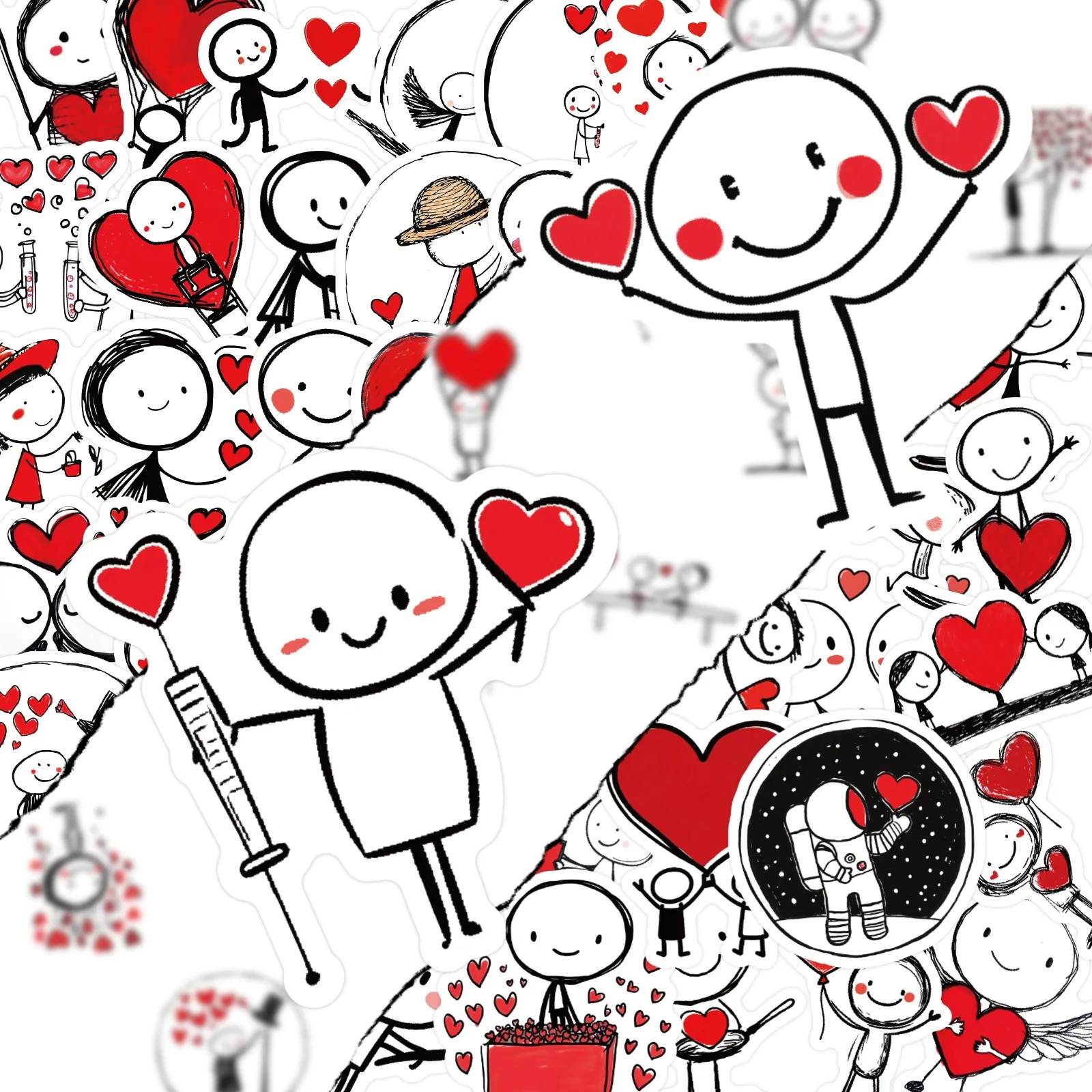 50Pcs Cute Cartoon Simple‑Style Heart‑Themed Little‑Figure Stickers, Valentine’s Day Decorative Journal Stickers