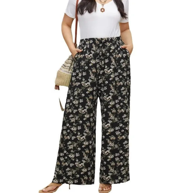 جديد مريح وغير رسمي فضفاض طباعة الأزهار الدانتيل يصل الشق تنحنح السراويل واسعة الساق السراويل الطويلة