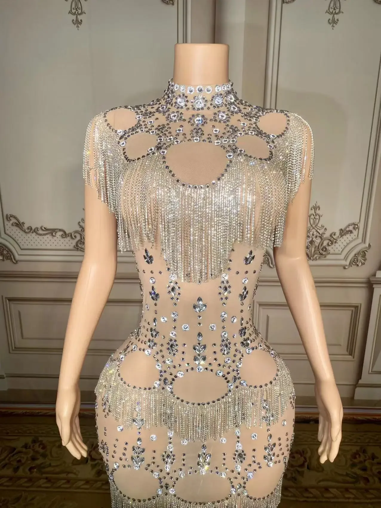 Silver Crystals Fringes Rhinestones Sexy Transparent Party Dress Natural for Birthday Prom Evening Bar Outfit Dancer Costume
