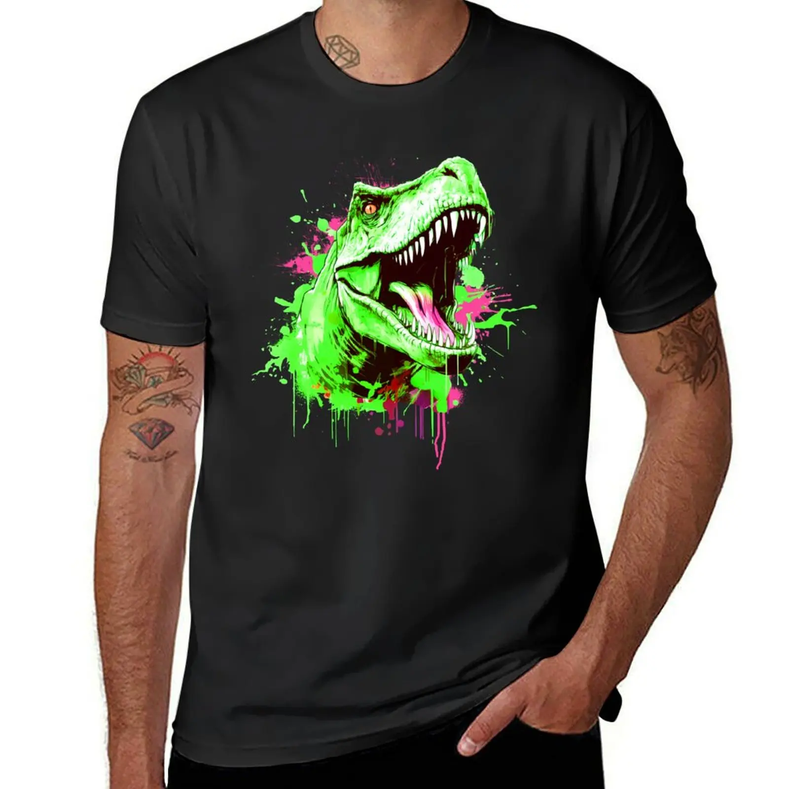 Roaring green t-rex dinosaur T-Shirt quick drying plus sizes blanks plus size tops mens white t shirts