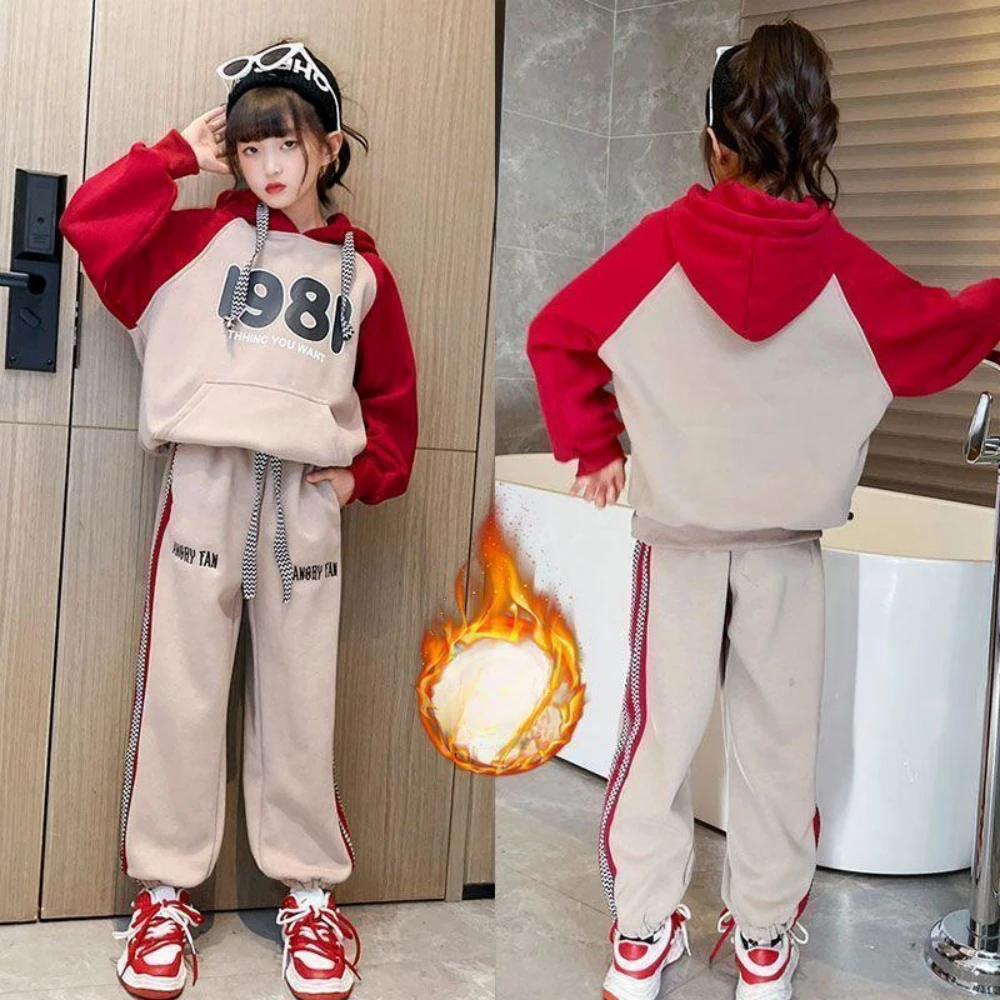 

Streetwear Girls Children Two Pieces Set Plus Velvet Warm Hooded Patchwork Printed Hoodies Drawstring Striped Ankle Length Pants