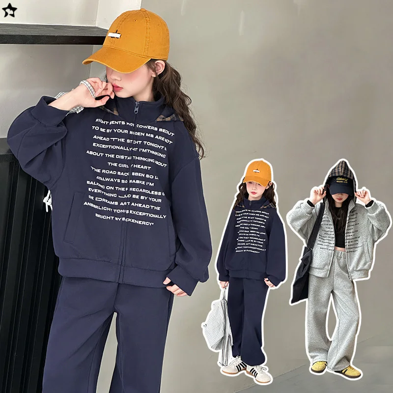 

Autumn School Girl 2pcs Set Letter Printed Long Sleeves Kid Girl Tracksuit Zipper Hooded Coat+Elastic Waist Pant 4-14Y Girl Suit