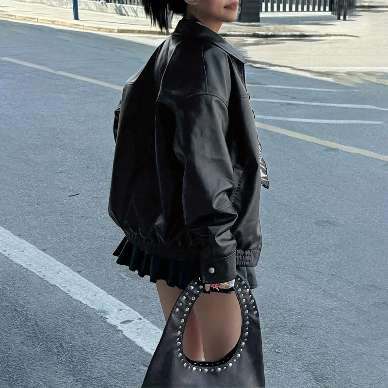 Podzimní a zimní dámské bundy z umělé kůže, model 2025, bomber, dlouhý rukáv, klopa, zip, motocyklové kabáty, dámské oblečení - náhled 2