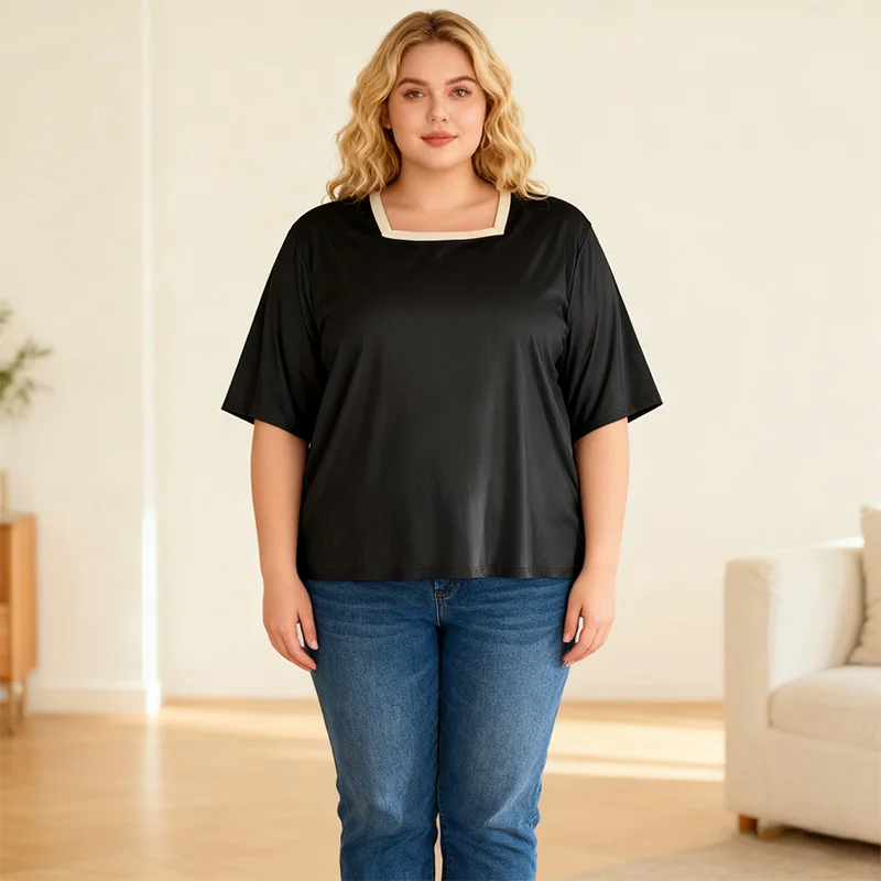 [Taille plus] t-shirt uni à col carré pour femmes surdimensionnées, manches 3/4, t-shirt fin décontracté et à la mode, hauts design