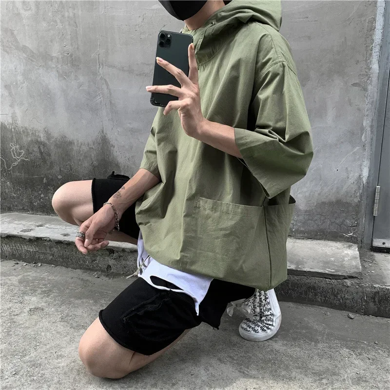 Hoodie Men T shirt Men's Summer Sweatshirts Korean Half Sleeve Pullover Tops Loose Hoodies Men T-shirt Streetwear