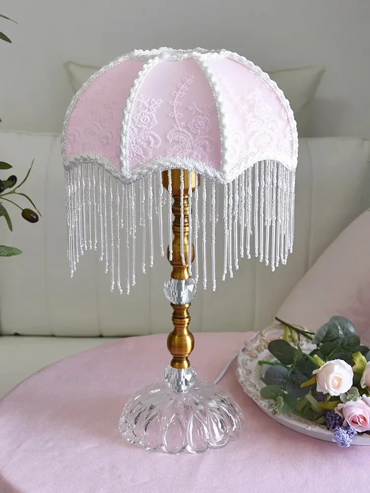 

Vintage Table Lamp for Bedroom French Tassel Crystal Desk Lamps Bedside Living Room Light Fixtures Night Stand Lights Home Decor