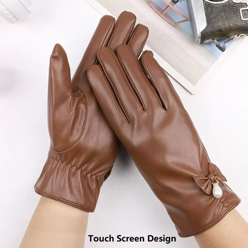 Guantes de cuero de invierno con perlas Retro Para pantalla táctil, elegantes y cálidos, a prueba de viento y frío, para mujer